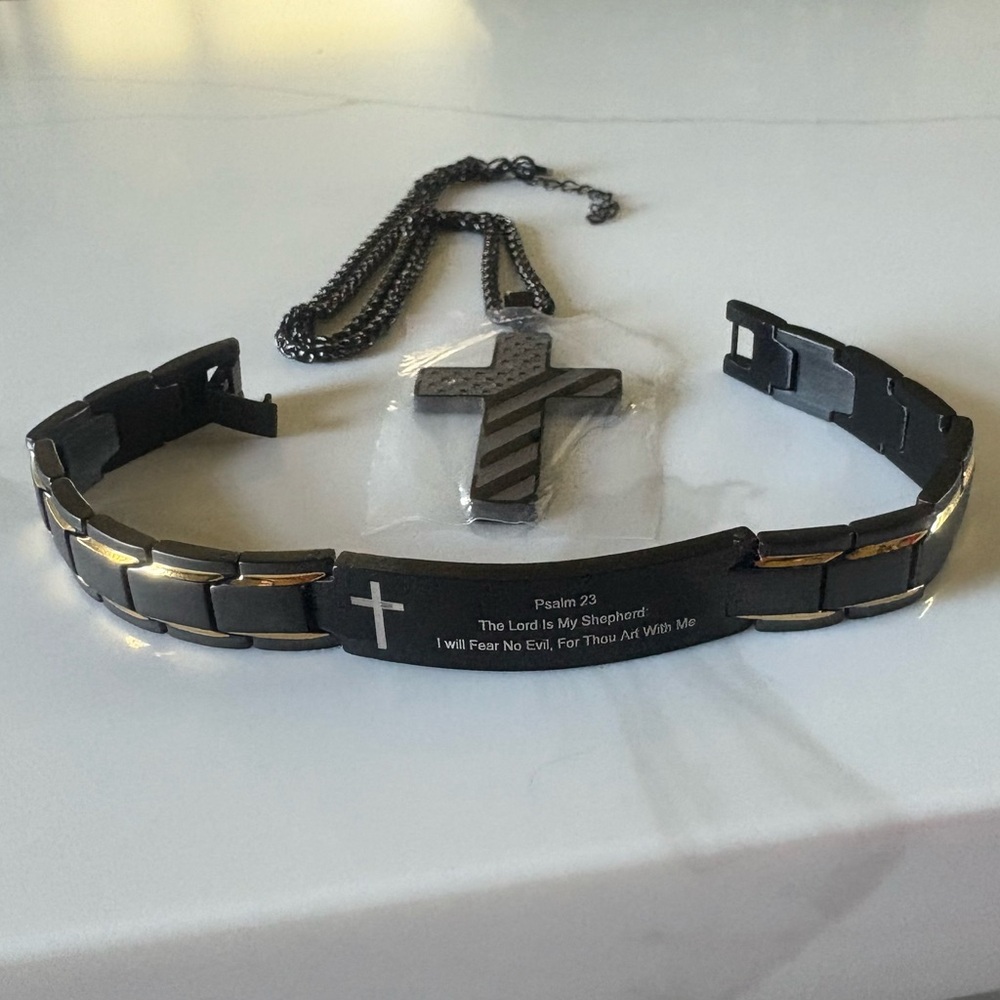 Black Cross Necklace and Bracelet With Bible Verses